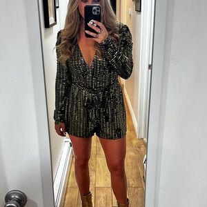 Lulus Bettie Gold Metallic Long Sleeve Romper